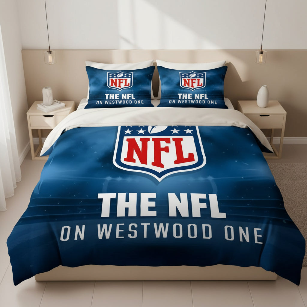 NFL bedding set with logo and text on a bed in a room setting.