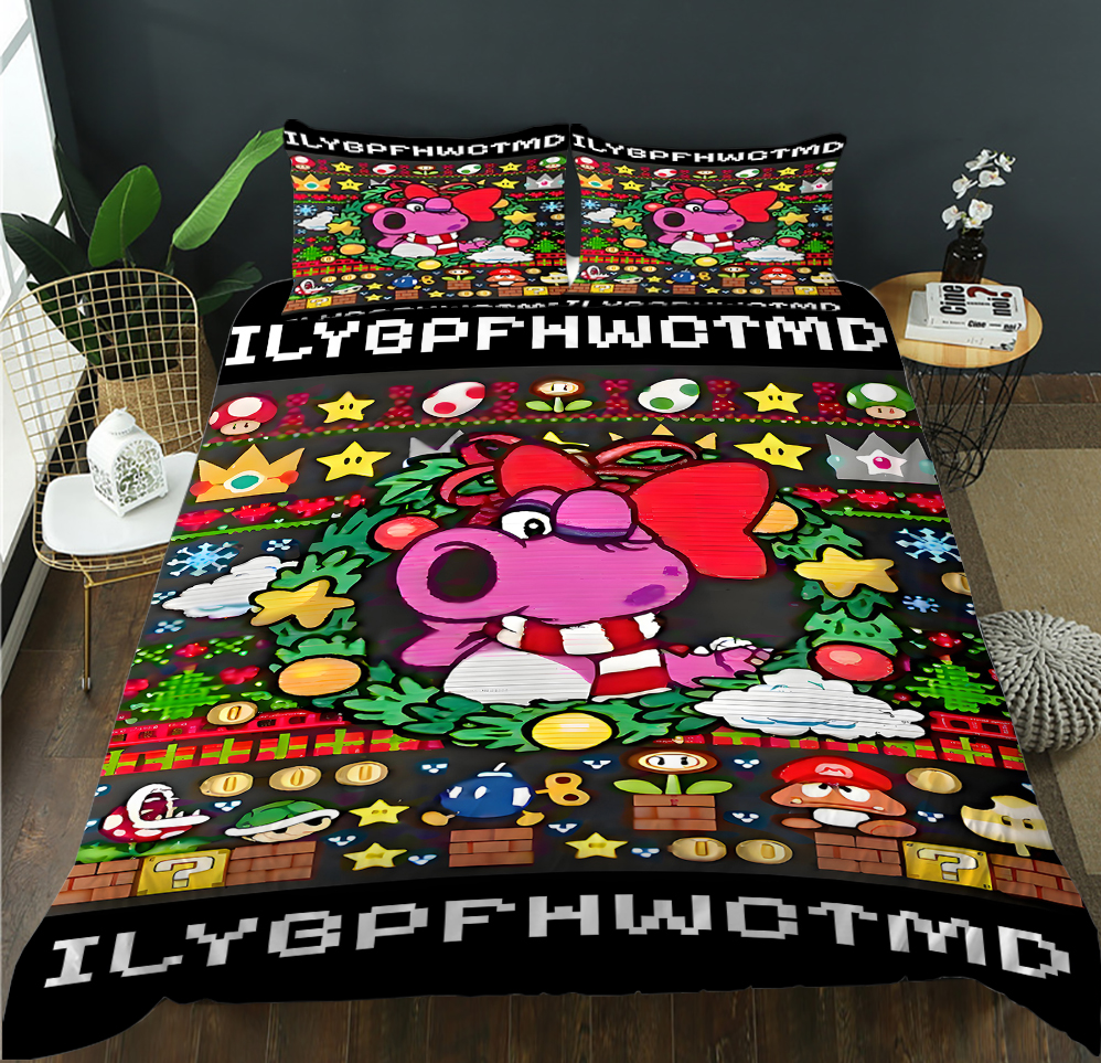 Colorful cartoon-themed bedding set with characters and text on a bed.