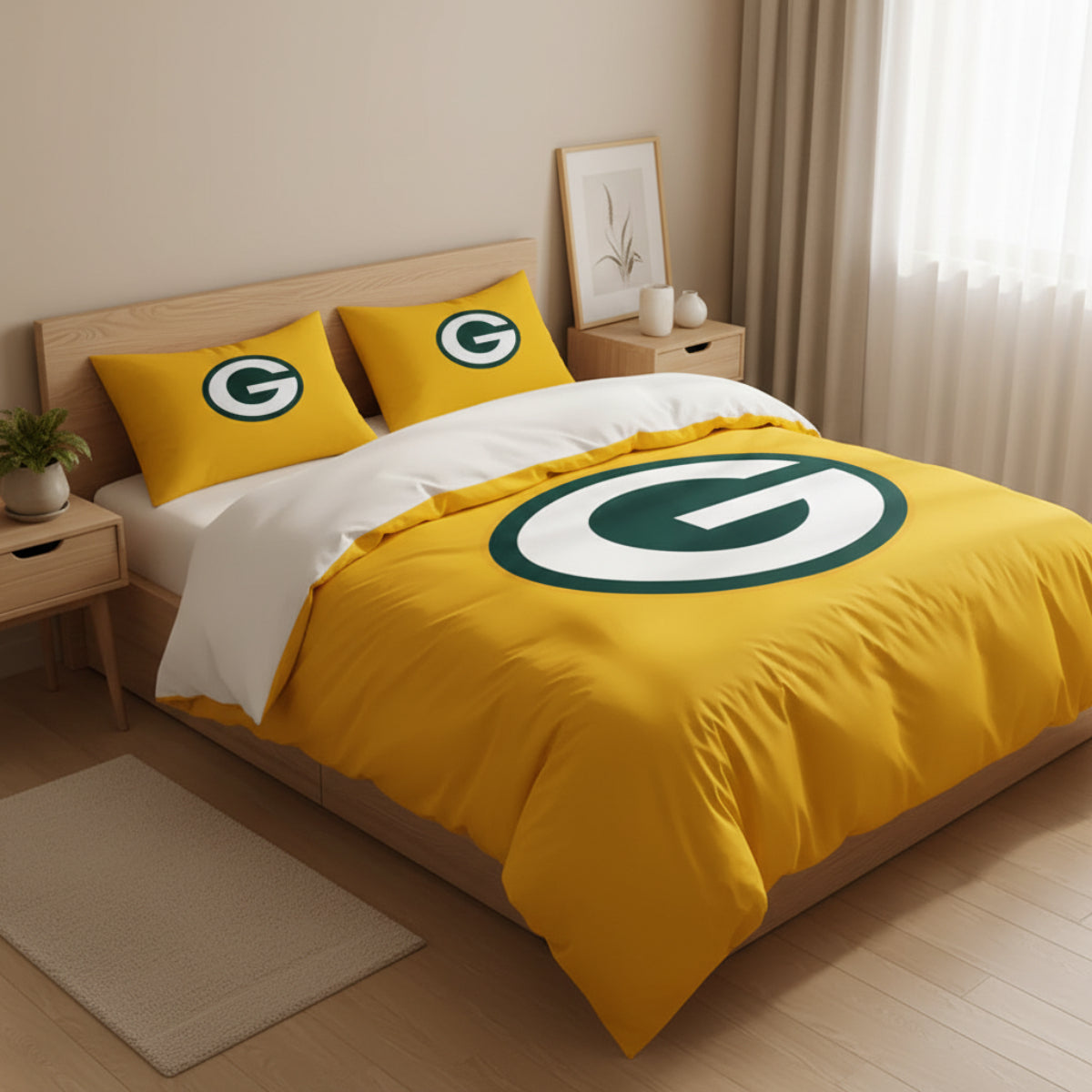 A yellow Green Bay Packers bedding set on a bed in a modern bedroom, featuring a large Packers 'G' logo on the duvet cover and matching yellow pillows with the team logo.