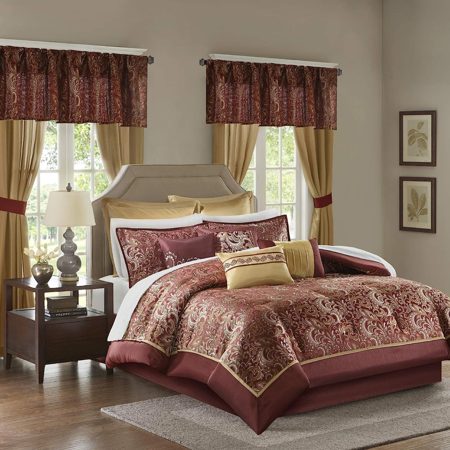 Master Bedroom 24 Piece Room in a Bag Faux Silk Hypoallergenic Down Alternative Comforter Matching Curtains - AnyLinen
