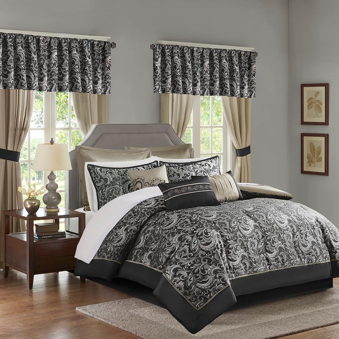 Master Bedroom 24 Piece Room in a Bag Faux Silk Hypoallergenic Down Alternative Comforter Matching Curtains - AnyLinen
