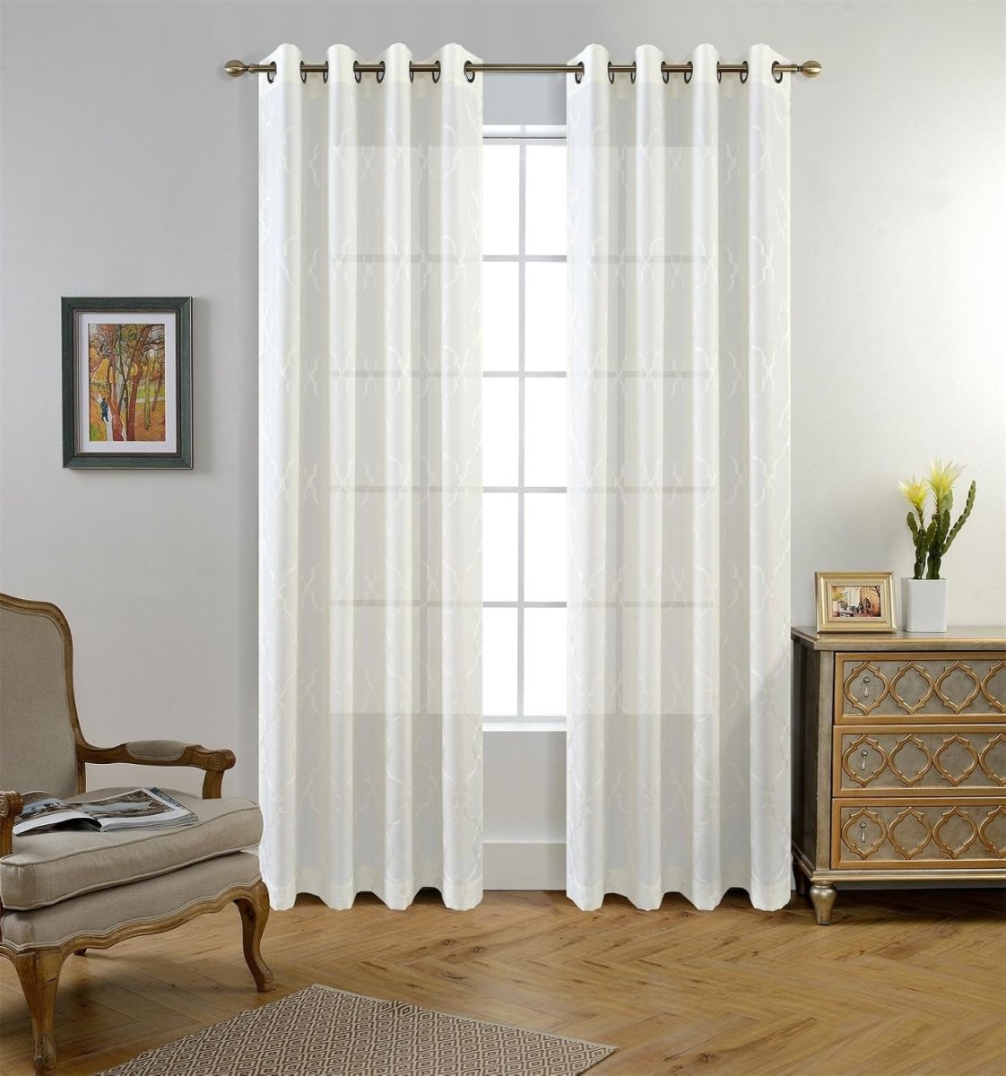 Embroidered Semi Sheer Curtains Grommet Curtain 2 Panels - Anna's Linens