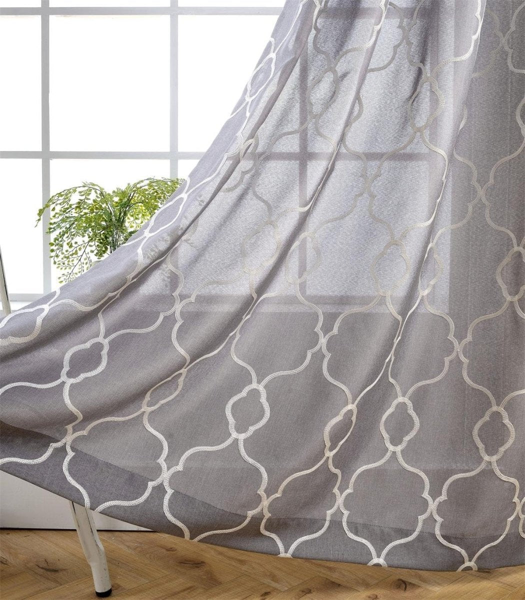 Embroidered Semi Sheer Curtains Grommet Curtain 2 Panels - Anna's Linens