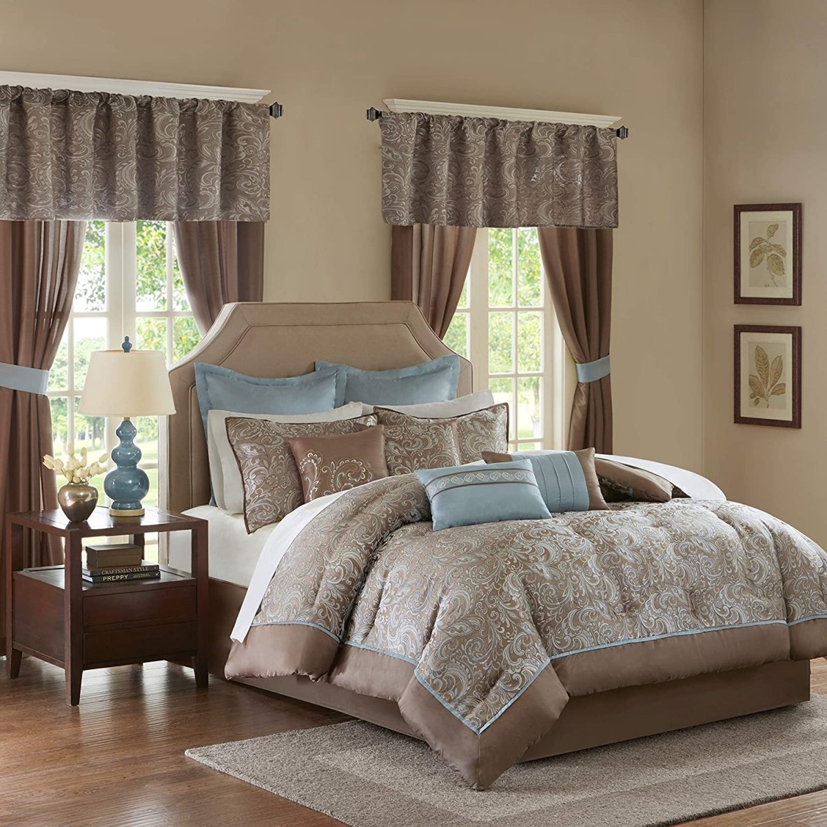 Master Bedroom 24 Piece Room in a Bag Faux Silk Hypoallergenic Down Alternative Comforter Matching Curtains - Anna's Linens