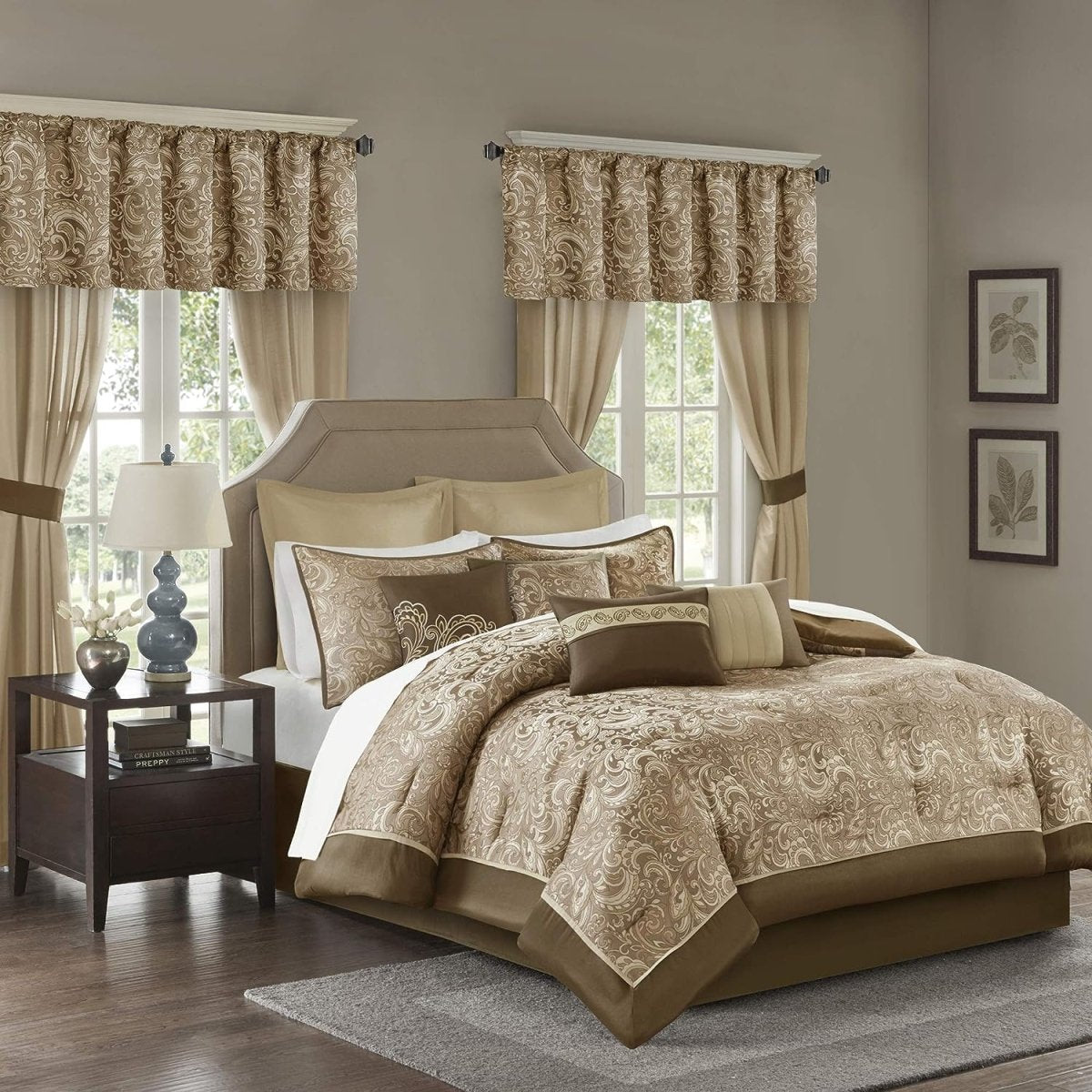 Master Bedroom 24 Piece Room in a Bag Faux Silk Hypoallergenic Down Alternative Comforter Matching Curtains - Anna's Linens