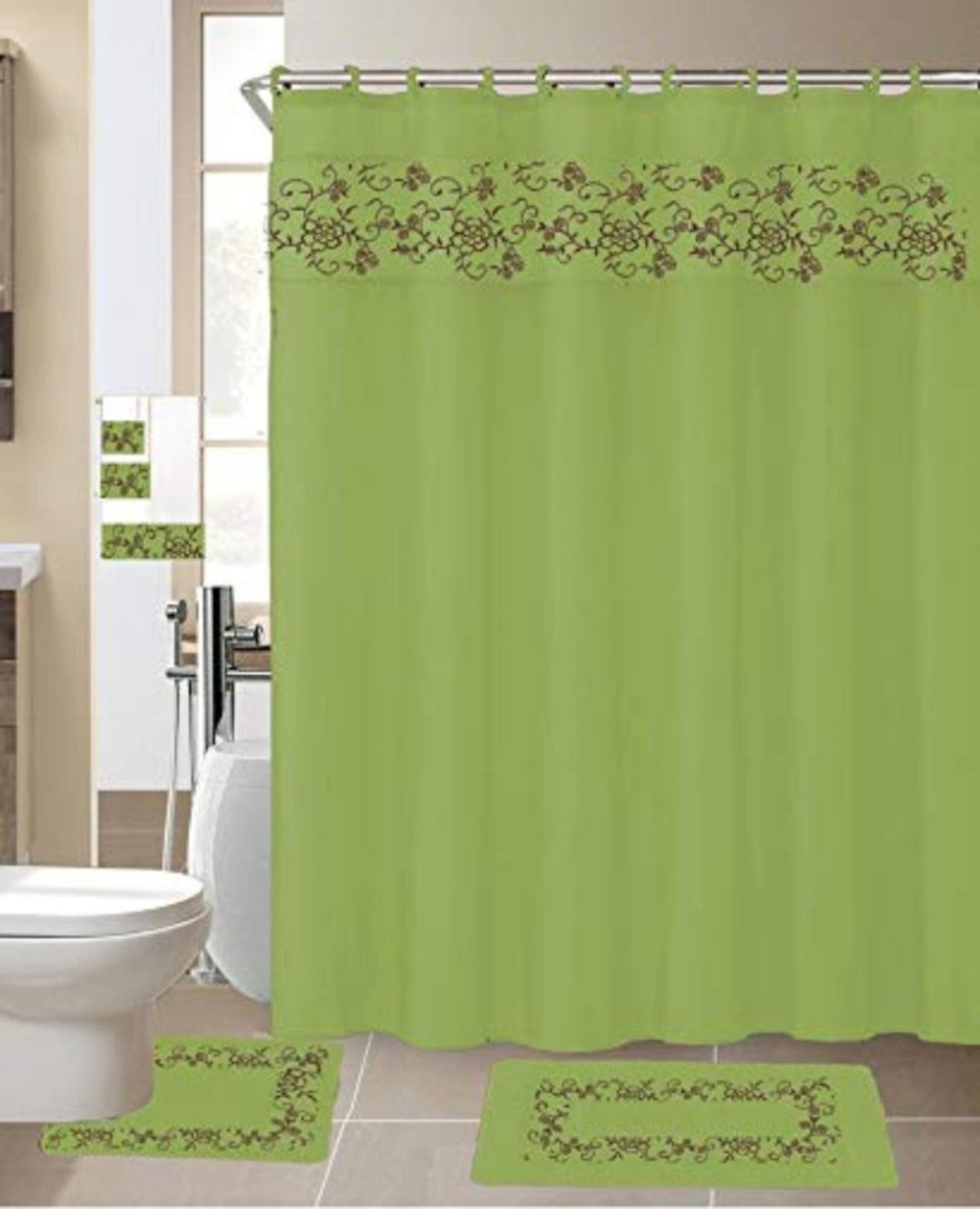 18 Pcs Shower Curtain Embroidery Bath Mat Contour Rug Towel Set - Anna's Linens