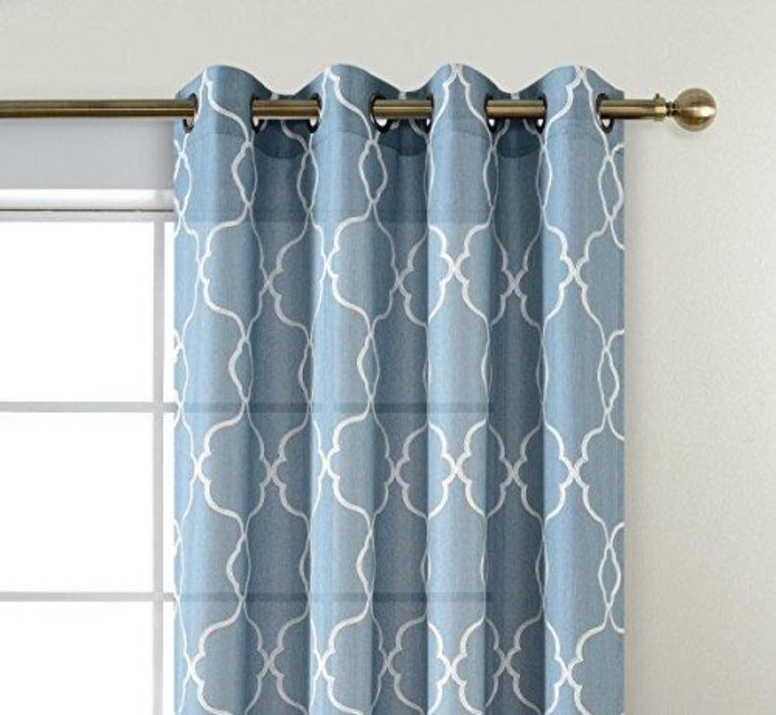 Moroccan Embroidered Semi Sheer Curtains Faux Linen Grommet Curtain Set for Bedroom 52 x 95 Inch, Dusty Blue - Anna's Linens Store