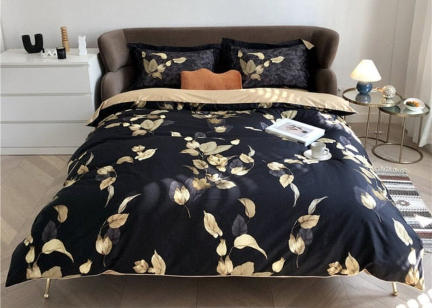 6 Pcs Luxury Egyptian Cotton Bedding Set Bright Flamingo Leaf Duvet Cover Flat sheet style - Anna's Linens