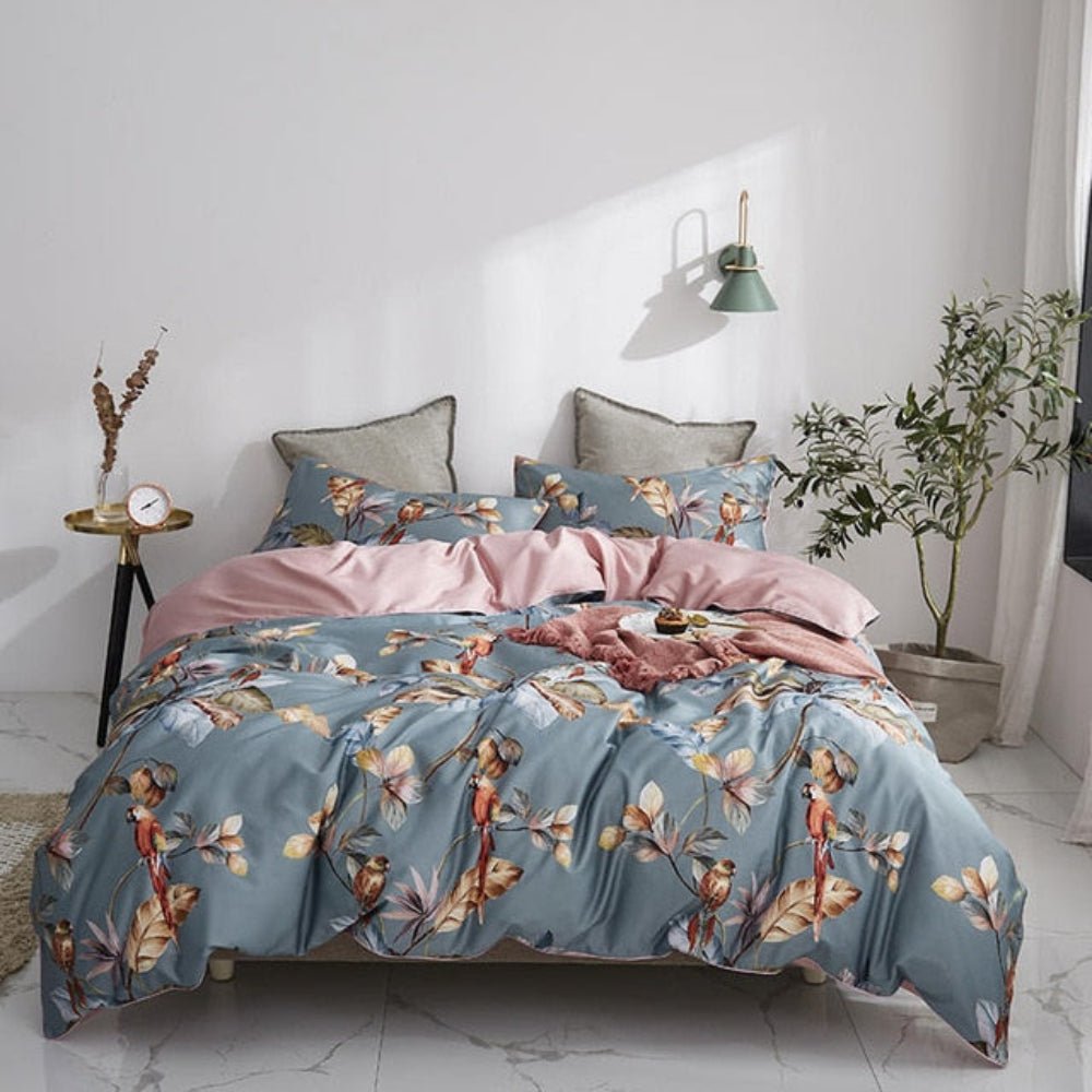 6 Pcs Luxury Egyptian Cotton Bedding Set Bright Flamingo Leaf Duvet Cover Flat sheet style - Anna's Linens