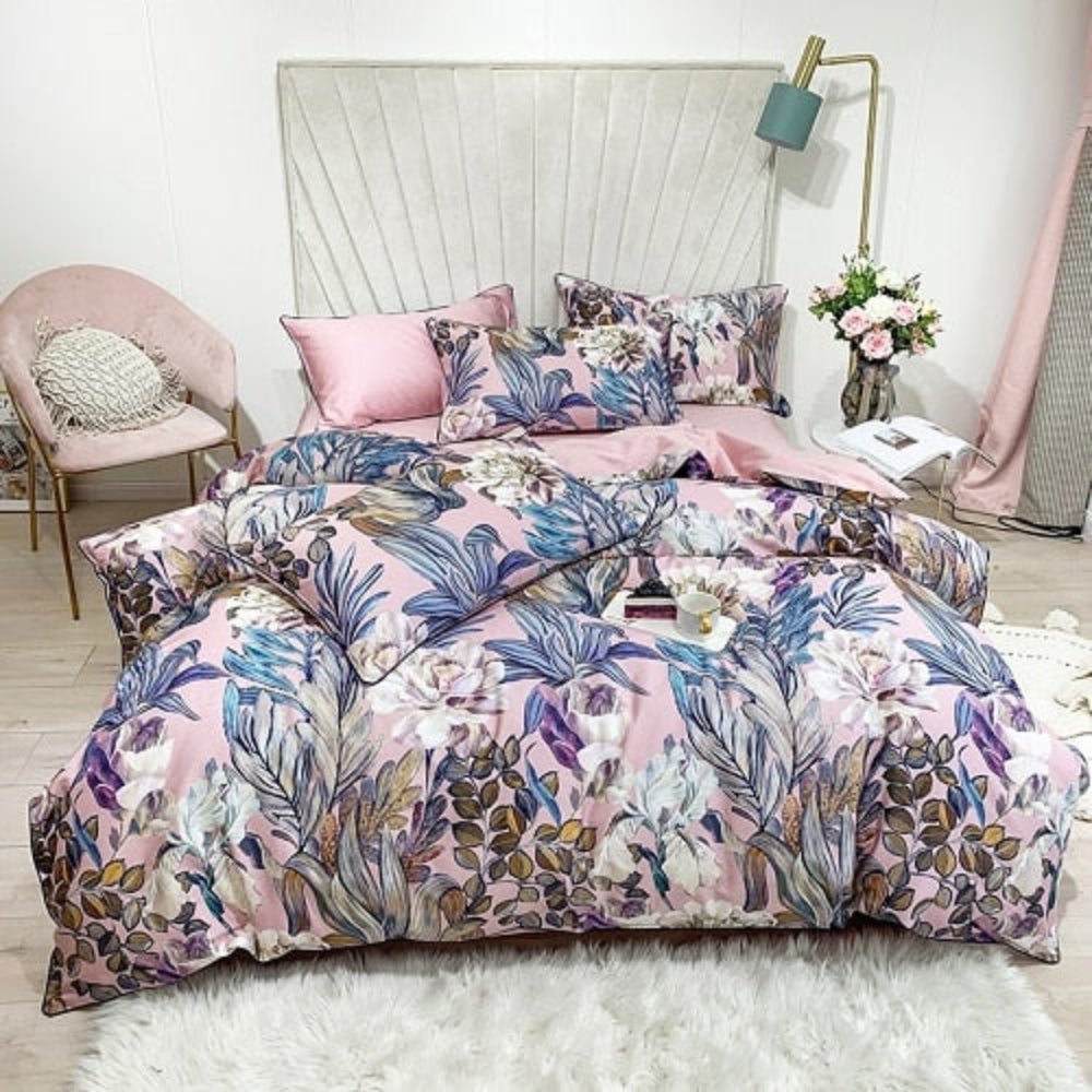 6 Pcs Luxury Egyptian Cotton Bedding Set Bright Flamingo Leaf Duvet Cover Flat sheet style - Anna's Linens