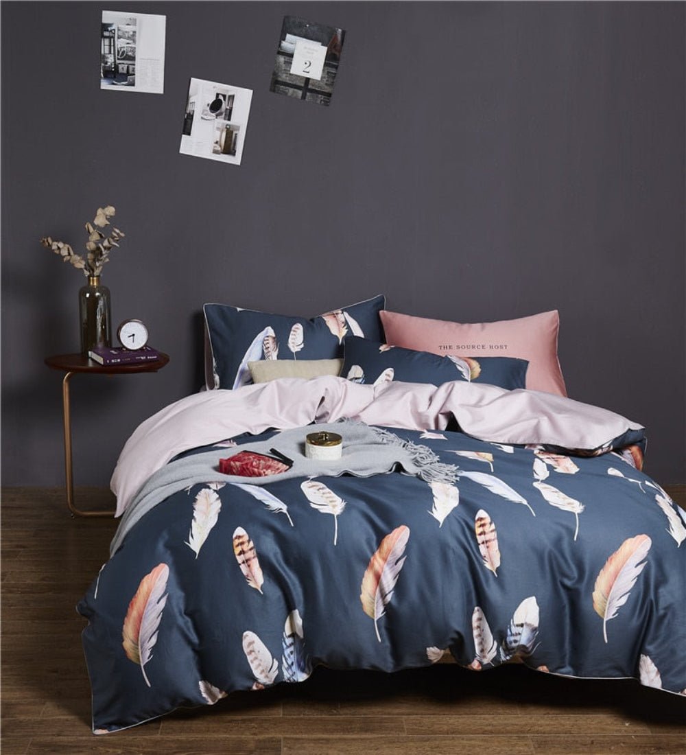 6 Pcs Luxury Egyptian Cotton Bedding Set Bright Flamingo Leaf Duvet Cover Flat sheet style - Anna's Linens