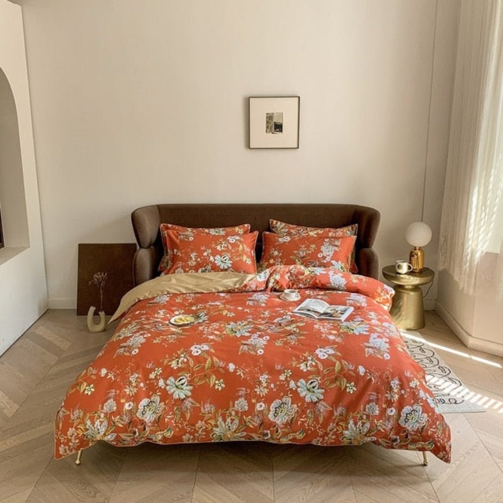 6 Pcs Luxury Egyptian Cotton Bedding Set Bright Flamingo Leaf Duvet Cover Flat sheet style - Anna's Linens