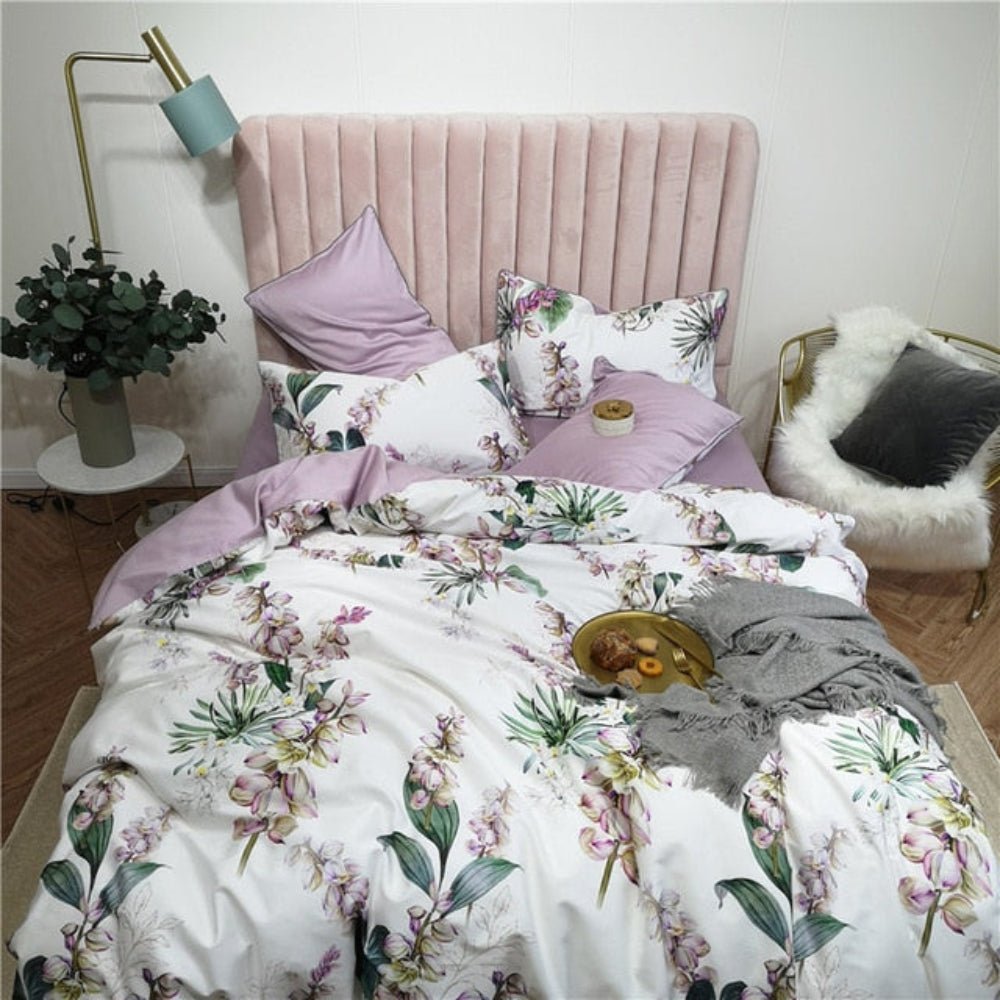 6 Pcs Luxury Egyptian Cotton Bedding Set Bright Flamingo Leaf Duvet Cover Flat sheet style - Anna's Linens