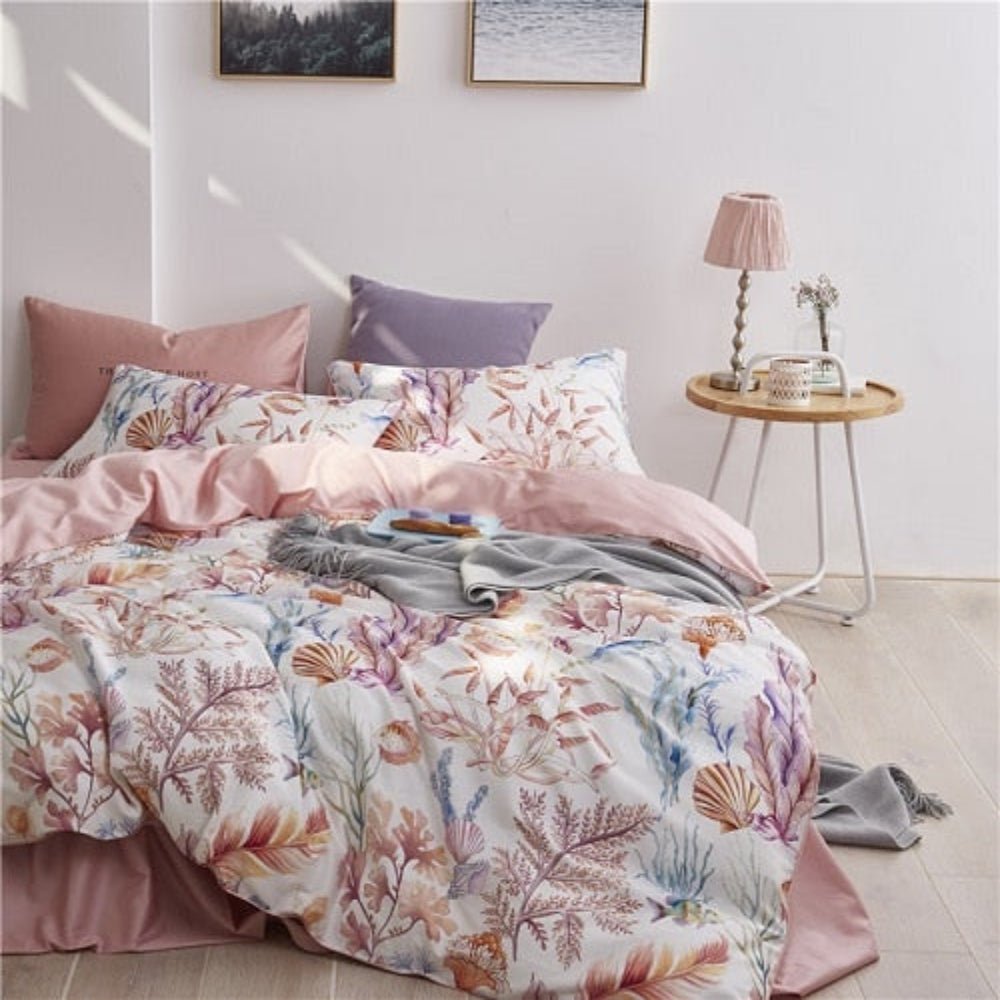 6 Pcs Luxury Egyptian Cotton Bedding Set Bright Flamingo Leaf Duvet Cover Flat sheet style - Anna's Linens