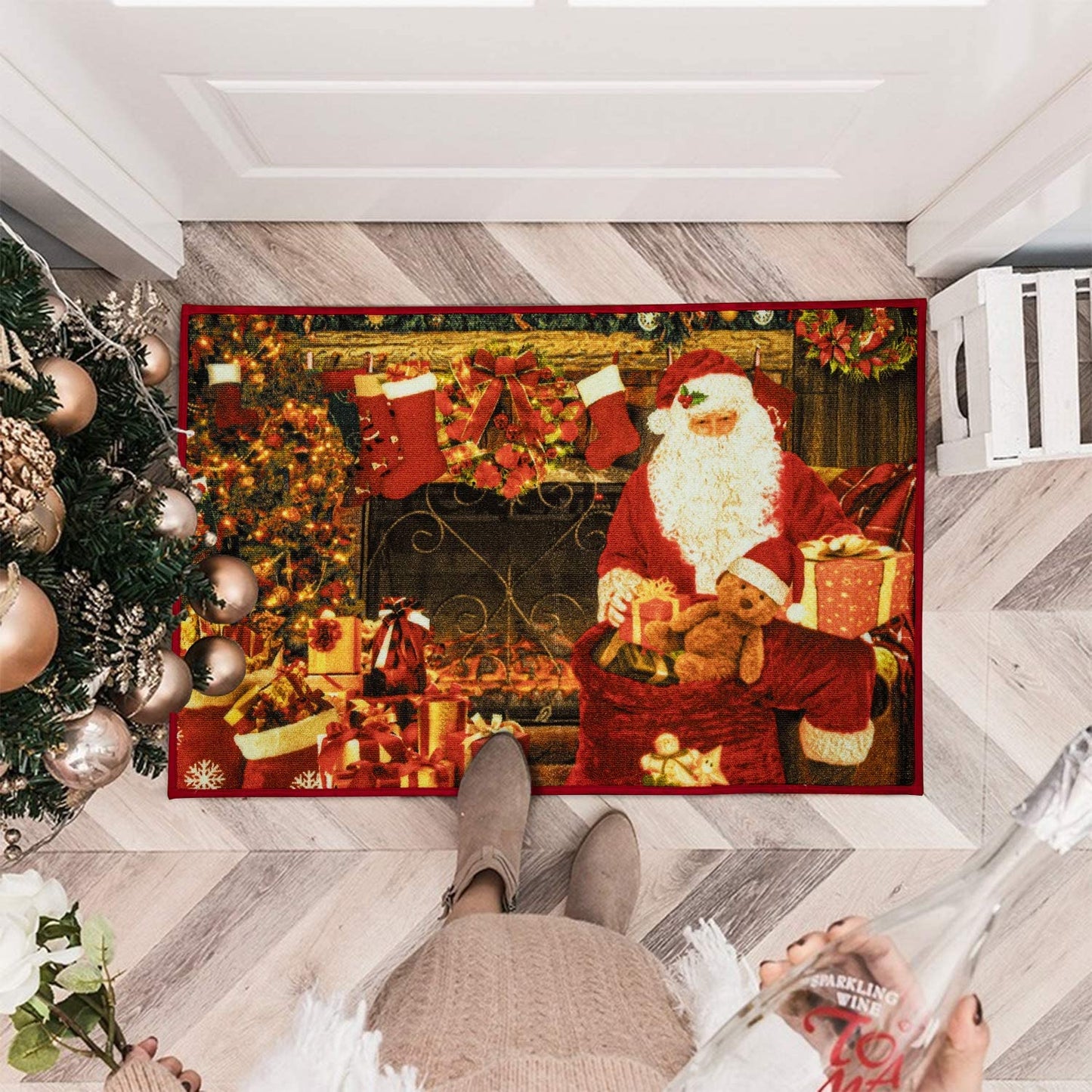 Christmas Runner Rug Santa Welcome Front Door Mat Indoor Outdoor Non Slip Doormat Xmas Holiday Decor Carpet for Living Room Bedroom Bath Kitchen Entrance - Anna's Linens Store