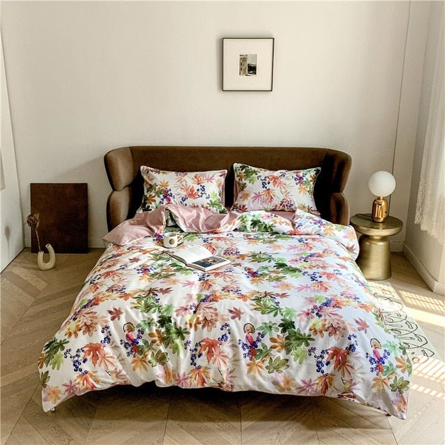 6Pcs Luxury Egyptian Cotton Bedding Set Bright Flamingo Leaf Duvet Cover Bed Fitted sheet - Anna's Linens