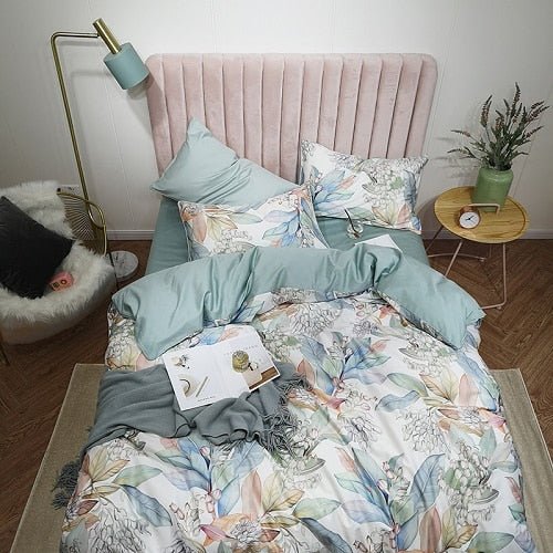 6Pcs Luxury Egyptian Cotton Bedding Set Bright Flamingo Leaf Duvet Cover Bed Fitted sheet - Anna's Linens