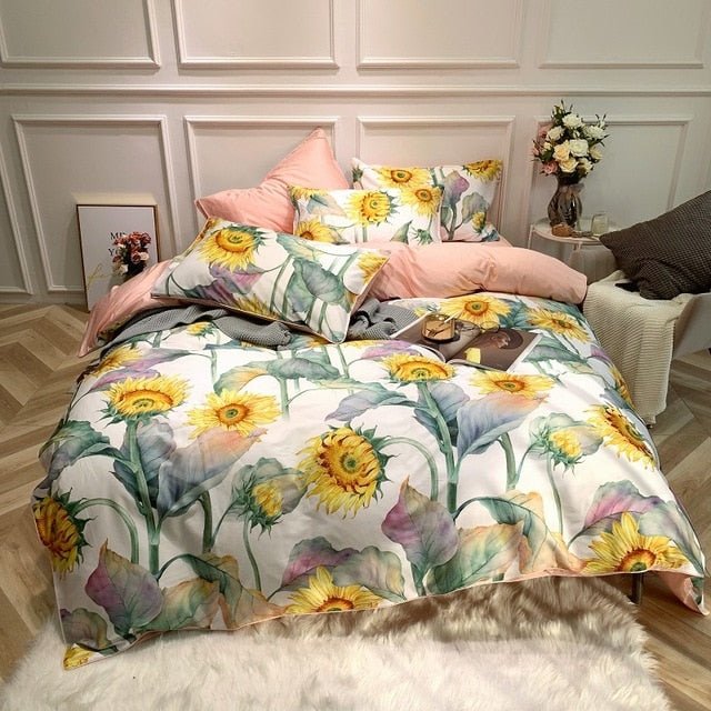 6Pcs Luxury Egyptian Cotton Bedding Set Bright Flamingo Leaf Duvet Cover Bed Fitted sheet - Anna's Linens