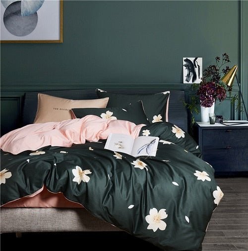 6Pcs Luxury Egyptian Cotton Bedding Set Bright Flamingo Leaf Duvet Cover Bed Fitted sheet - Anna's Linens