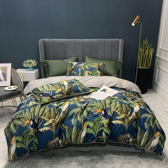 6Pcs Luxury Egyptian Cotton Bedding Set Bright Flamingo Leaf Duvet Cover Bed Fitted sheet - Anna's Linens