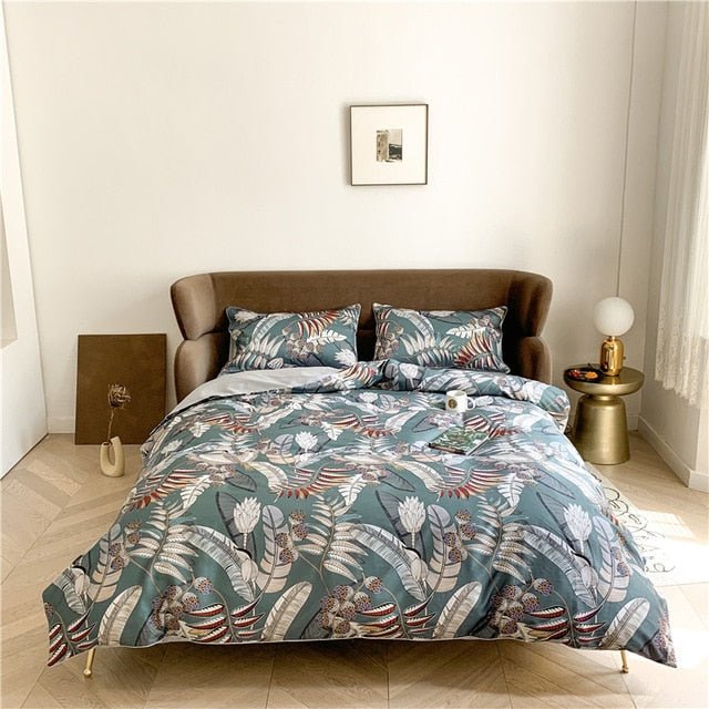 6Pcs Luxury Egyptian Cotton Bedding Set Bright Flamingo Leaf Duvet Cover Bed Fitted sheet - Anna's Linens