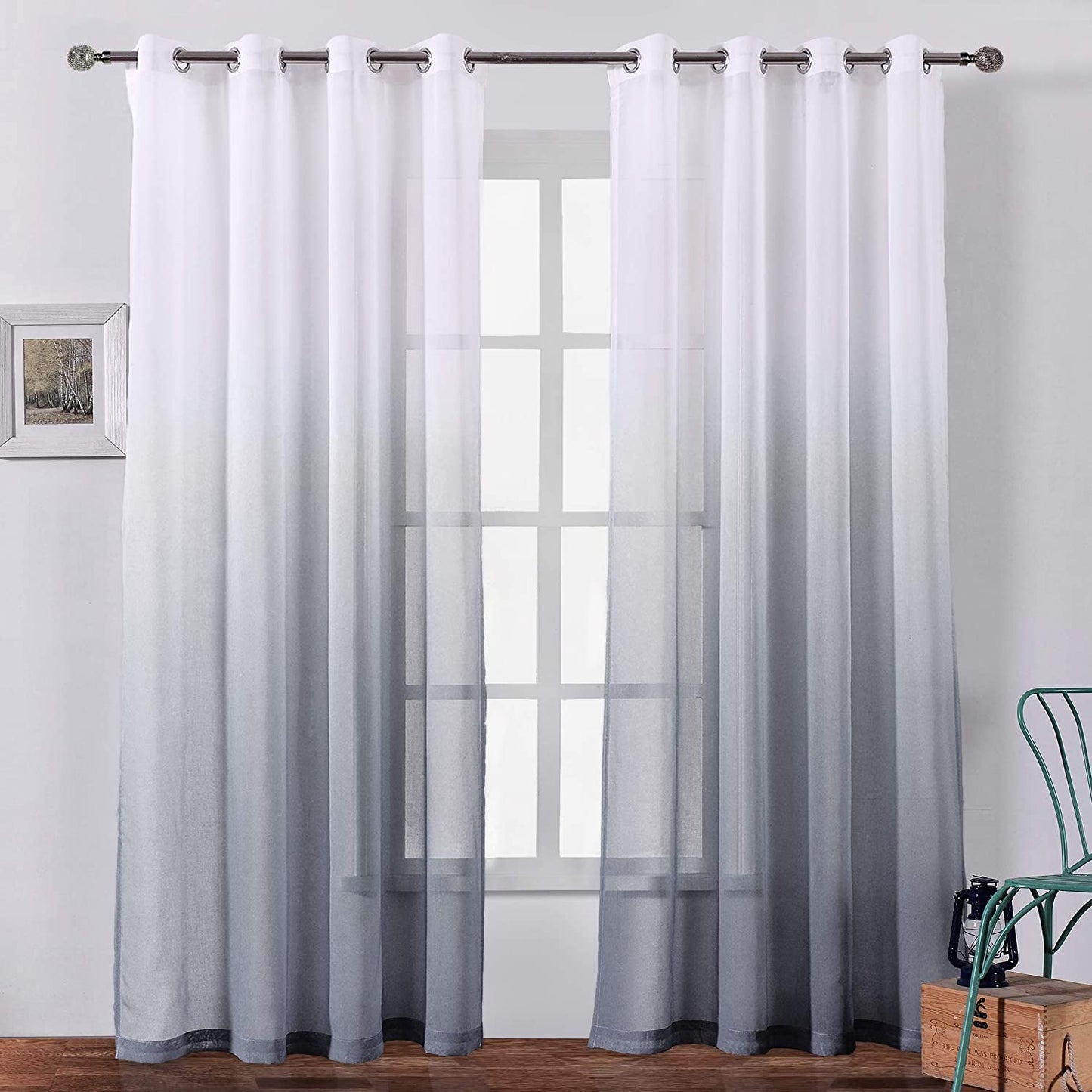 Faux Linen Ombre Sheer Curtains Voile Grommet Semi Sheer