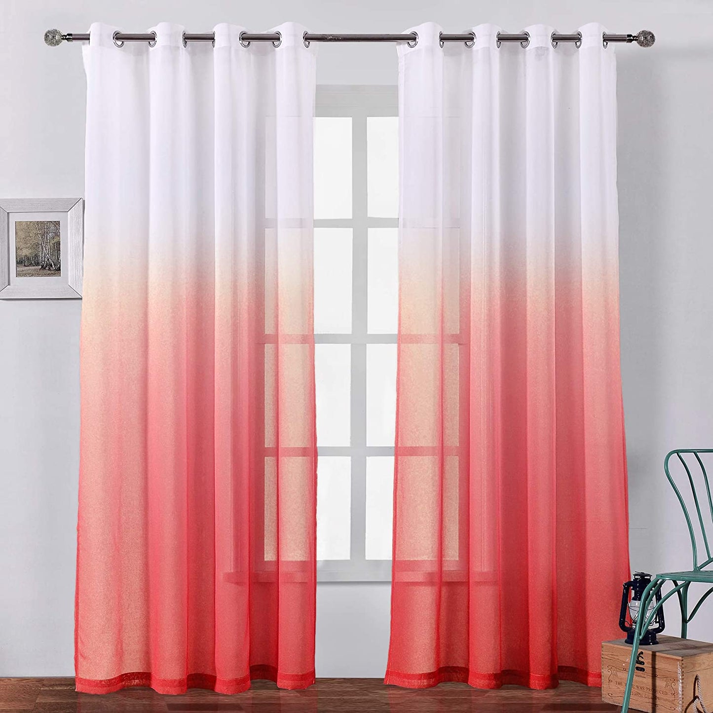 Faux Linen Ombre Sheer Curtains Voile Grommet Semi Sheer