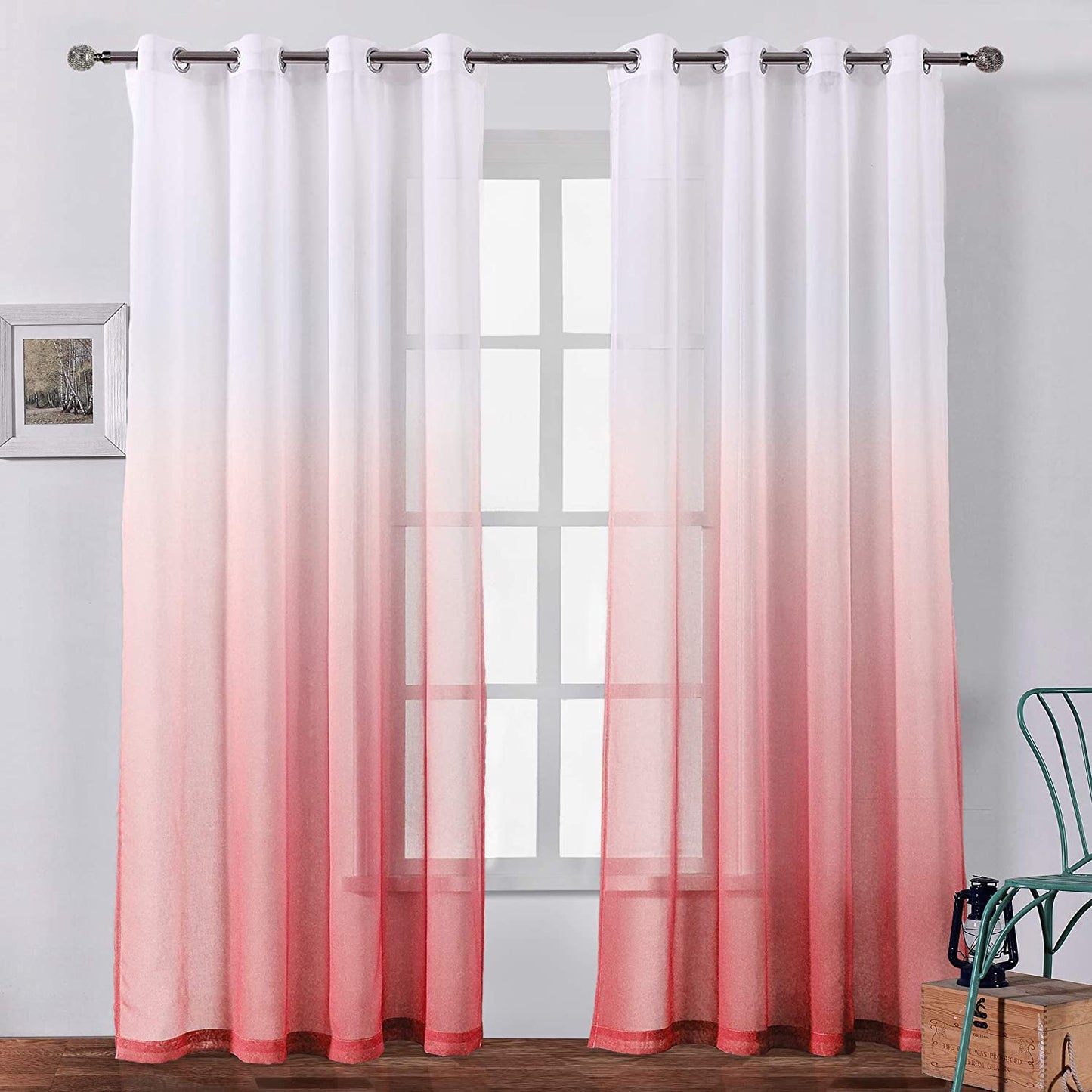 Faux Linen Ombre Sheer Curtains Voile Grommet Semi Sheer