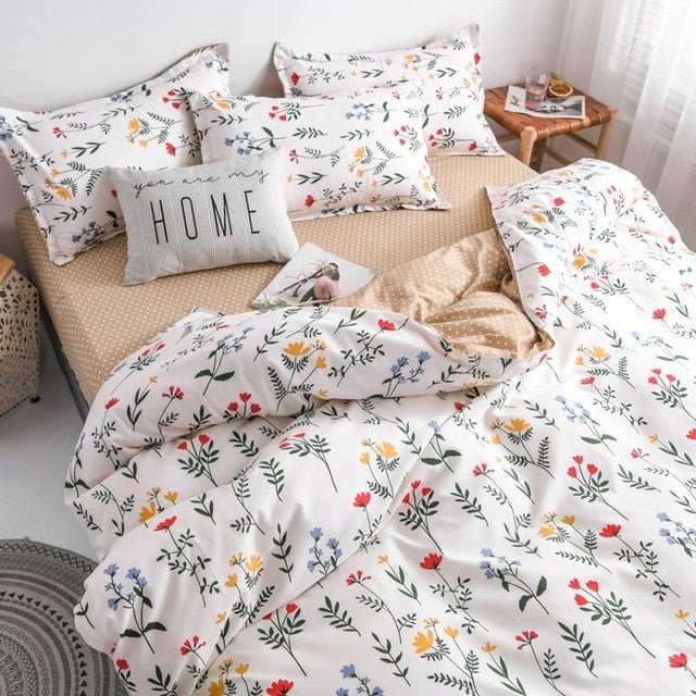 Flower Duvet Cover Bedding Set Peach Daisy Pastoral style Flat Bed Sheet - Anna's Linens