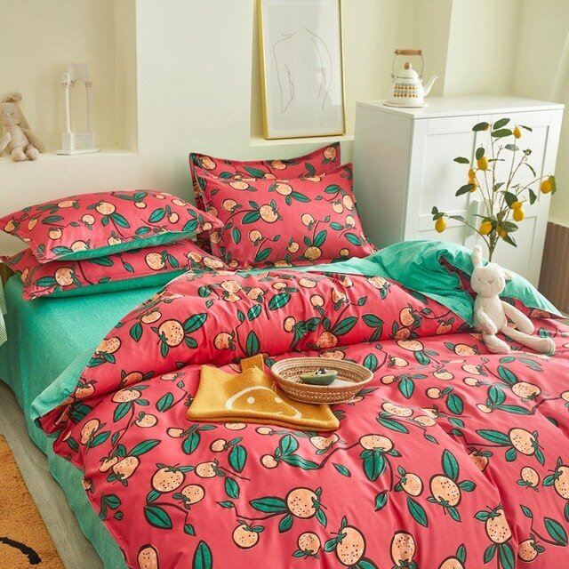 Flower Duvet Cover Bedding Set Peach Daisy Pastoral style Flat Bed Sheet - Anna's Linens