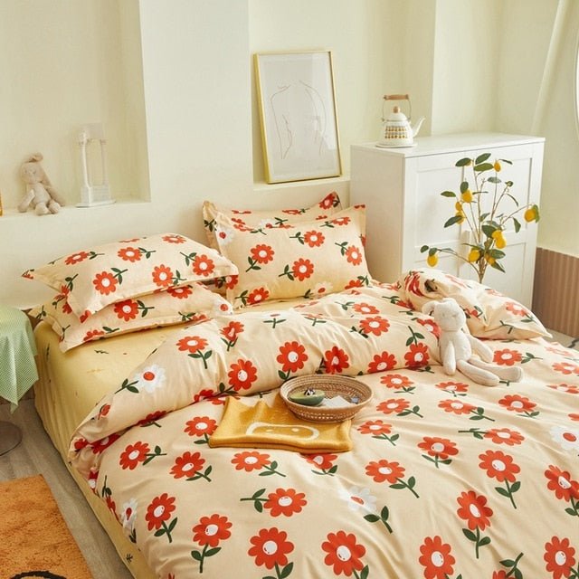 Flower Duvet Cover Bedding Set Peach Daisy Pastoral style Flat Bed Sheet - Anna's Linens