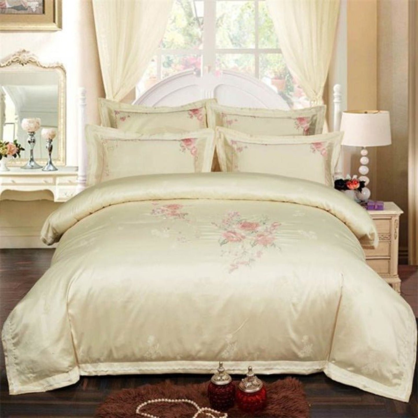 Flowers Light Yellow Silk Cotton Blend Jacquard Duvet Cover Set Pillow Shams - Anna's Linens