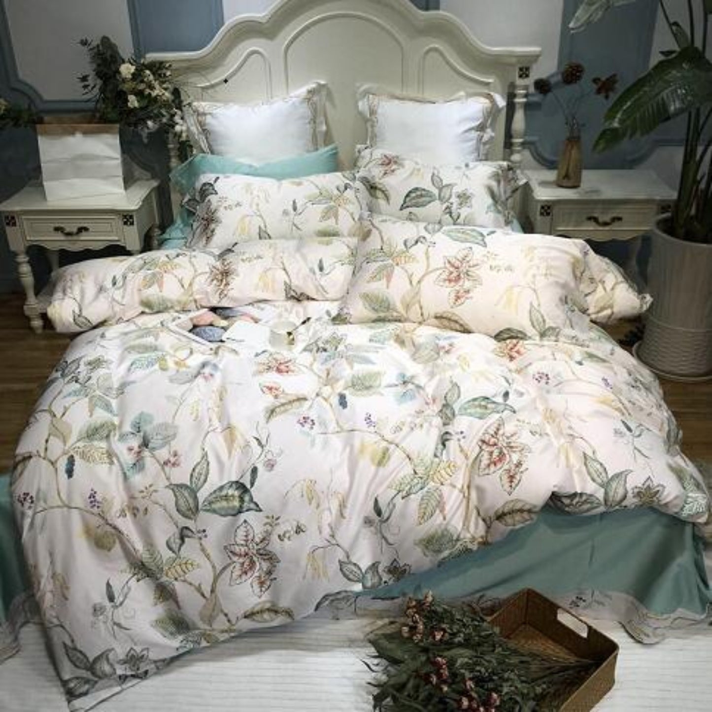 Silk Egyptian Cotton Birds Plant Duvet Cover Bedding Set Fitted sheet style - Anna's Linens