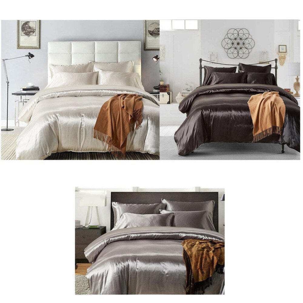 Soft Silky Satin Duvet Cover Pillowcases White Bedding 3 pcs Set - Anna's Linens