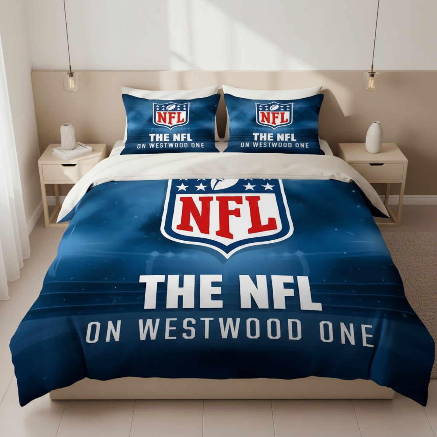 NFL bedding set with logo and text on a bed in a room setting.