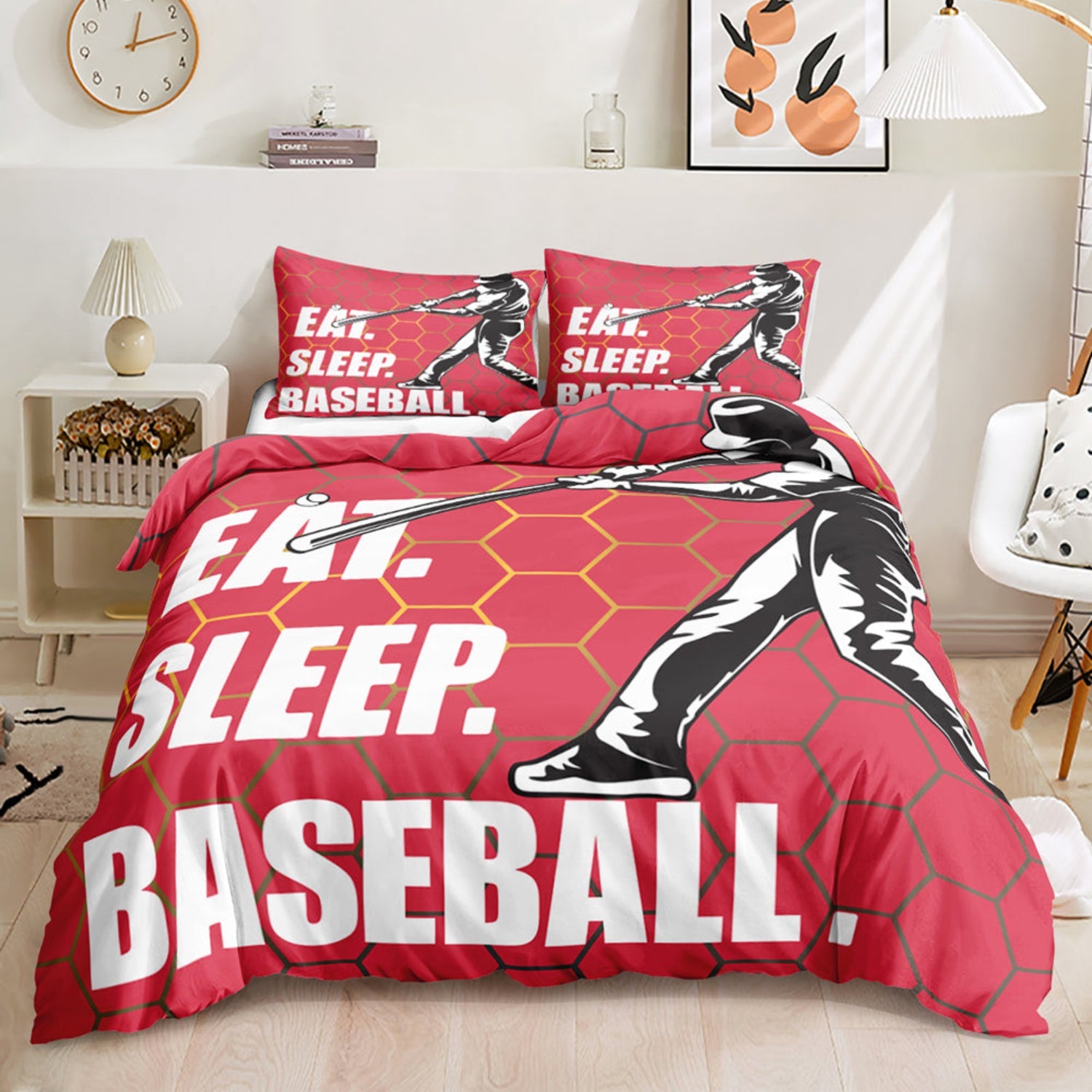 Baseball-themed bedding set with 'Eat. Sleep. Baseball.'