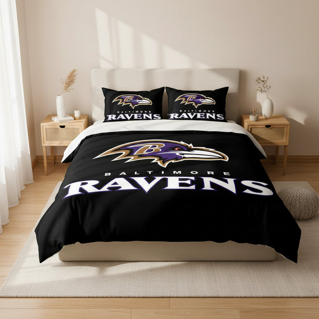 Baltimore Ravens bedding set on a bed in a room with decor elements.
