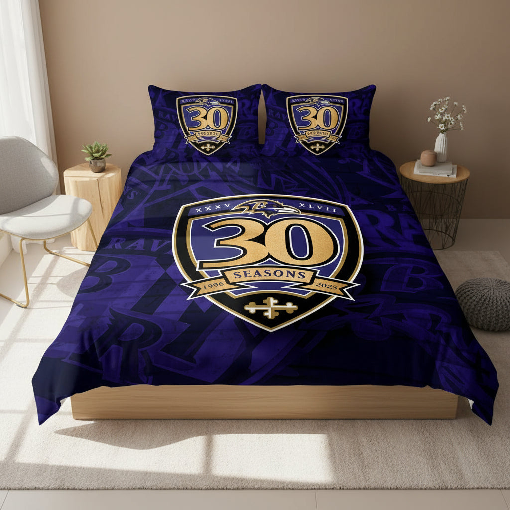 Purple bedding set with '30 Seasons' logo on a bed in a room setting.