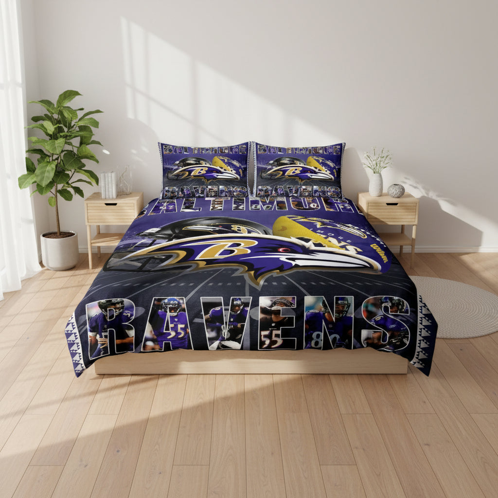 Baltimore Ravens bedding set with helmet and team logo on a bed in a room.