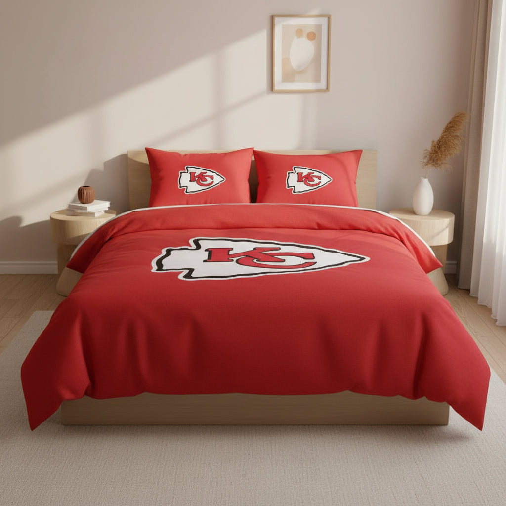 Red bedding set with Kansas City Chiefs logo in a bedroom setting