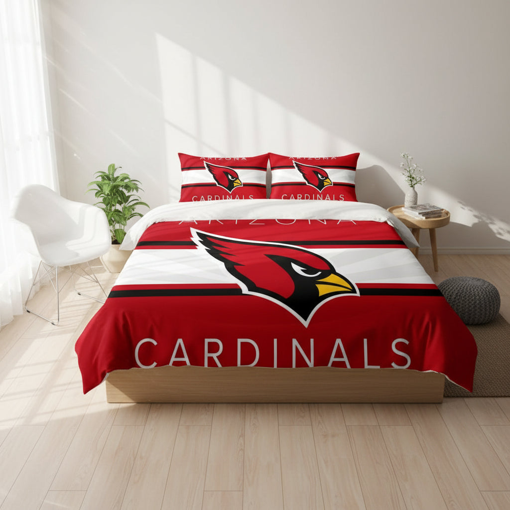 Arizona Cardinals bedding set on a bed in a room with decor elements.