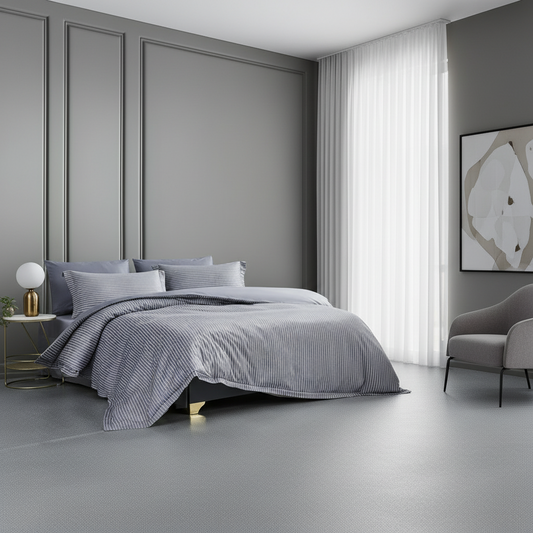 Modern bedroom with gray bedding