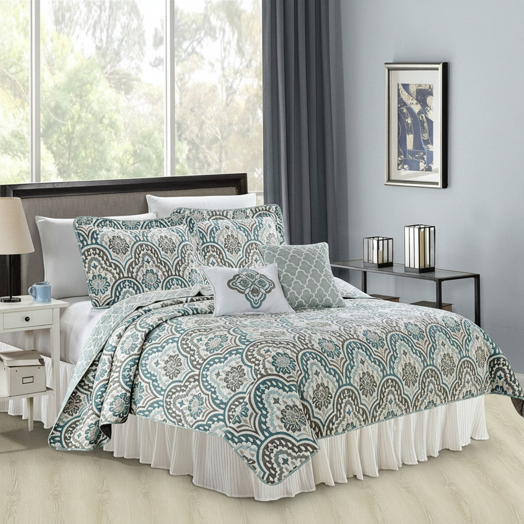 5 Piece Teal Aqua Bed Coverlet Filled Embroidery Bedding Set - Anna's Linens