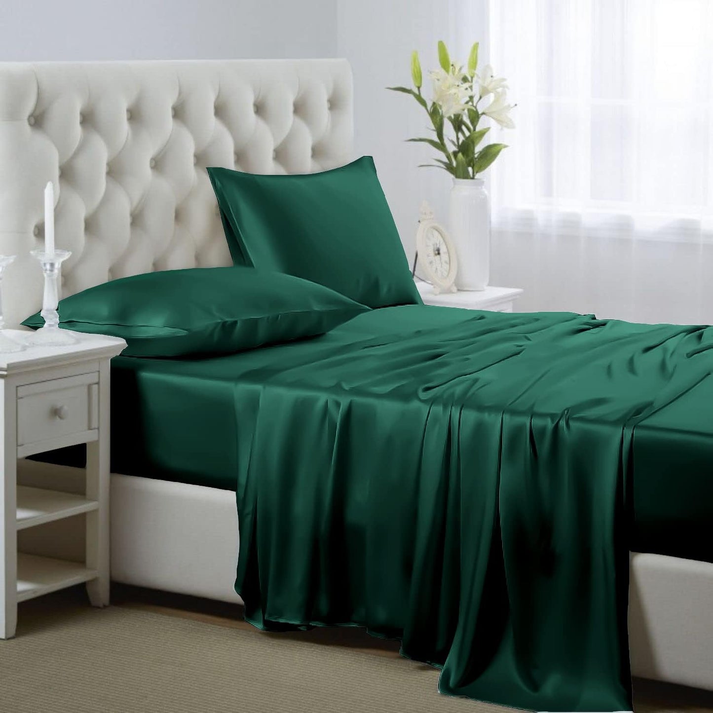 Silk Satin Sheets, 4-Piece Bed Sheet Set Deep Pockets, Cooling Soft Hypoallergenic - AnyLinen