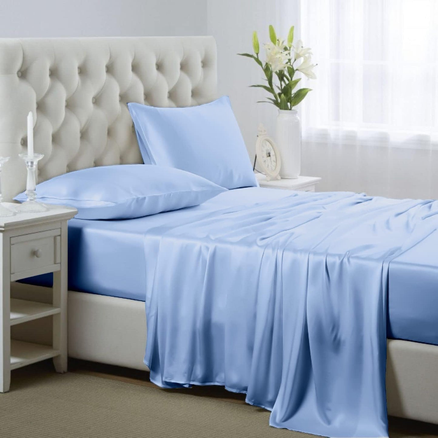 Silk Satin Sheets, 4-Piece Bed Sheet Set Deep Pockets, Cooling Soft Hypoallergenic - AnyLinen