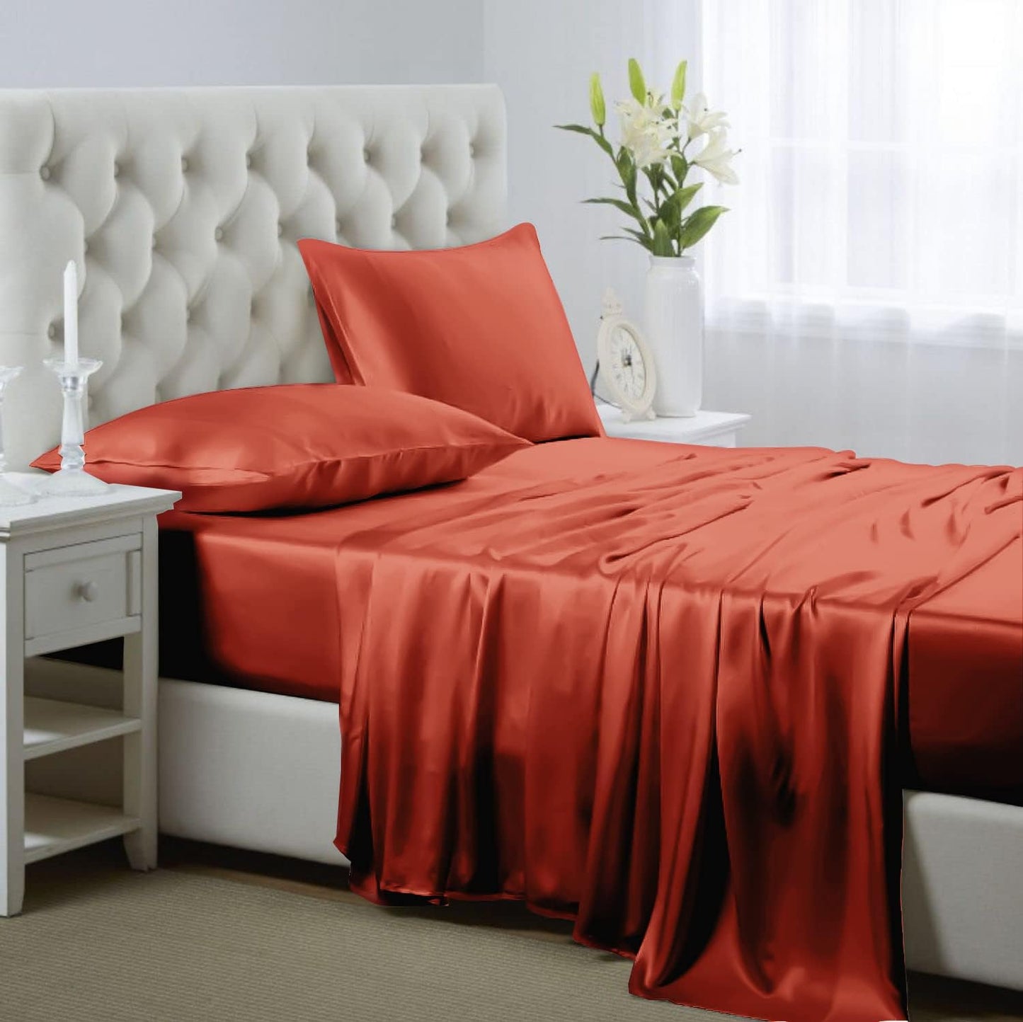 Silk Satin Sheets, 4-Piece Bed Sheet Set Deep Pockets, Cooling Soft Hypoallergenic - AnyLinen