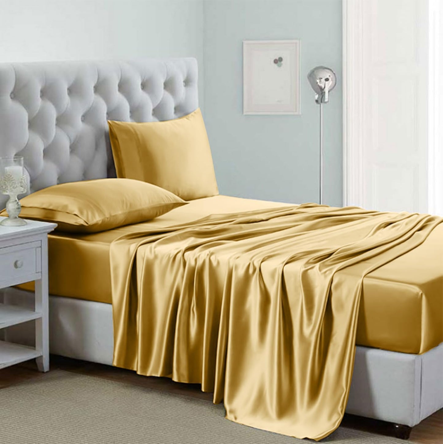 Silk Satin Sheets, 4-Piece Bed Sheet Set Deep Pockets, Cooling Soft Hypoallergenic - AnyLinen