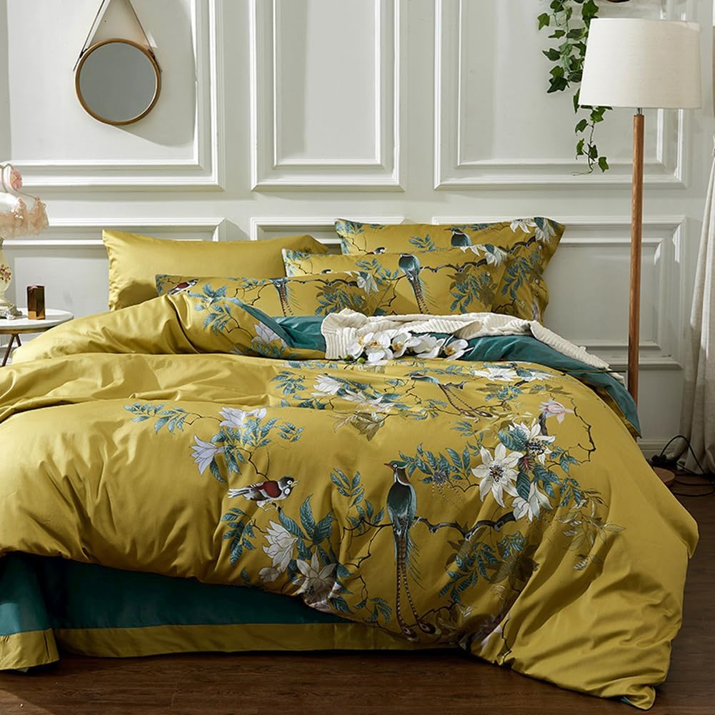 Floral Silky Cotton Bird Flower Pattern Luxury Comforter Cover Set - Anna's Linens Store