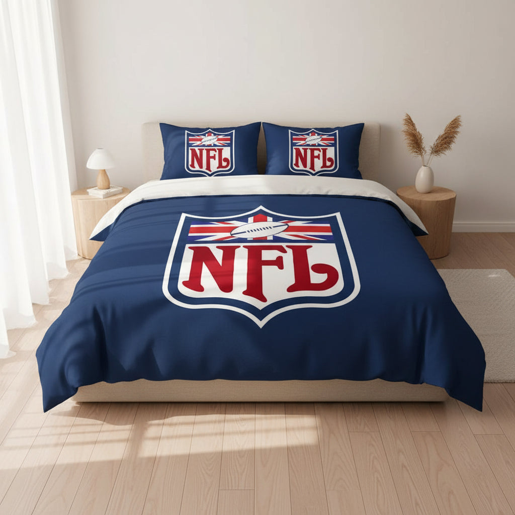 Bedding set with NFL logo featuring British flag design in a bedroom setting.