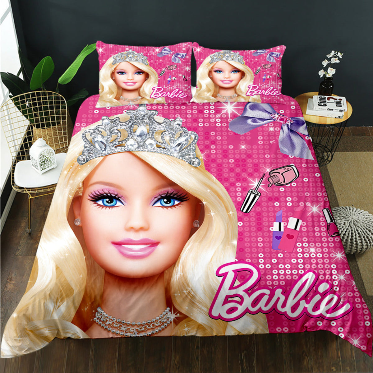 Barbie-themed bedding set with pink background and Barbie face on a bed.